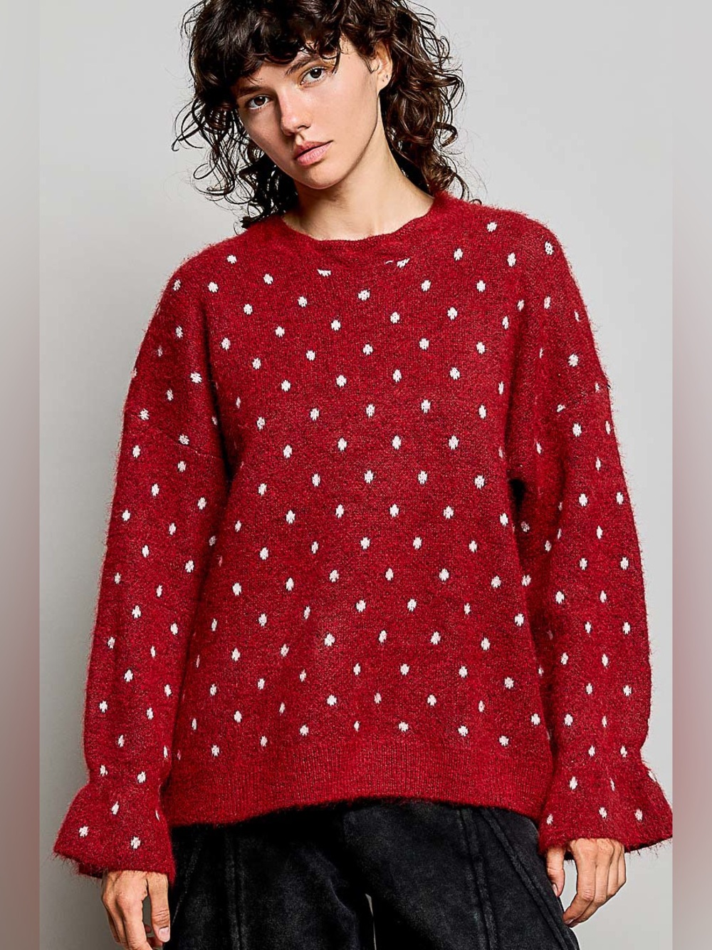 New 🔥 POL Cozy Red Polka Dot-Pattern Women's Sweater